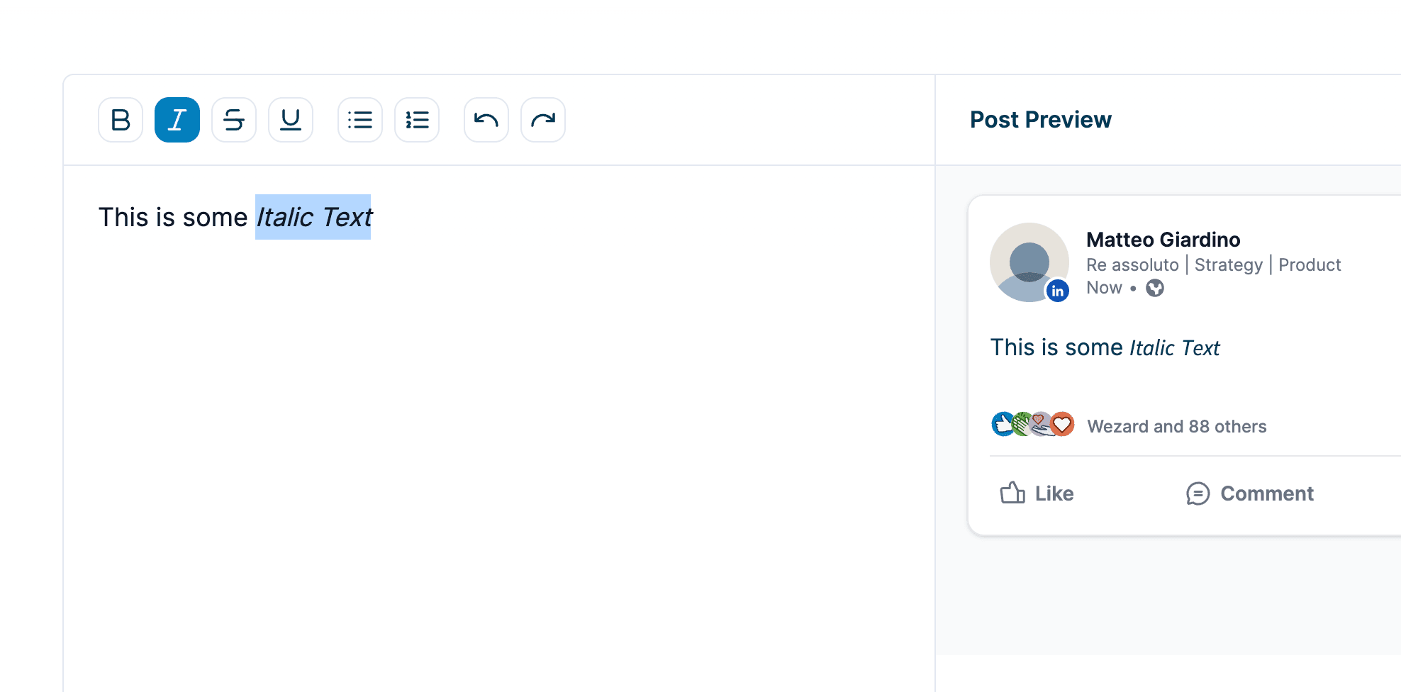 Italic formatting LinkedIn Post